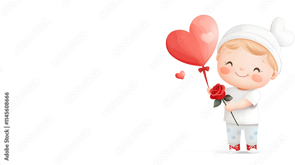 Joyful child holding heart balloon and rose happy atmosphere digital illustration whimsical style uplifting concept Joyful child holding heart balloon and rose happy atmosphere digital illustration whimsical style uplifting concept