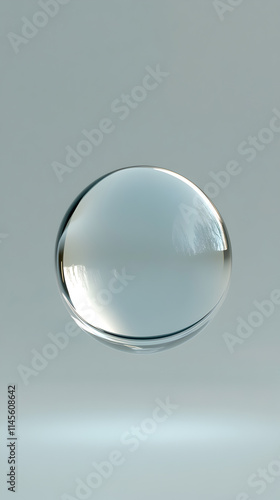 A clear glass sphere is floating in midair. The sphere is surrounded by a reflective surface, which creates a sense of depth and dimension. The image evokes a feeling of tranquility and serenity