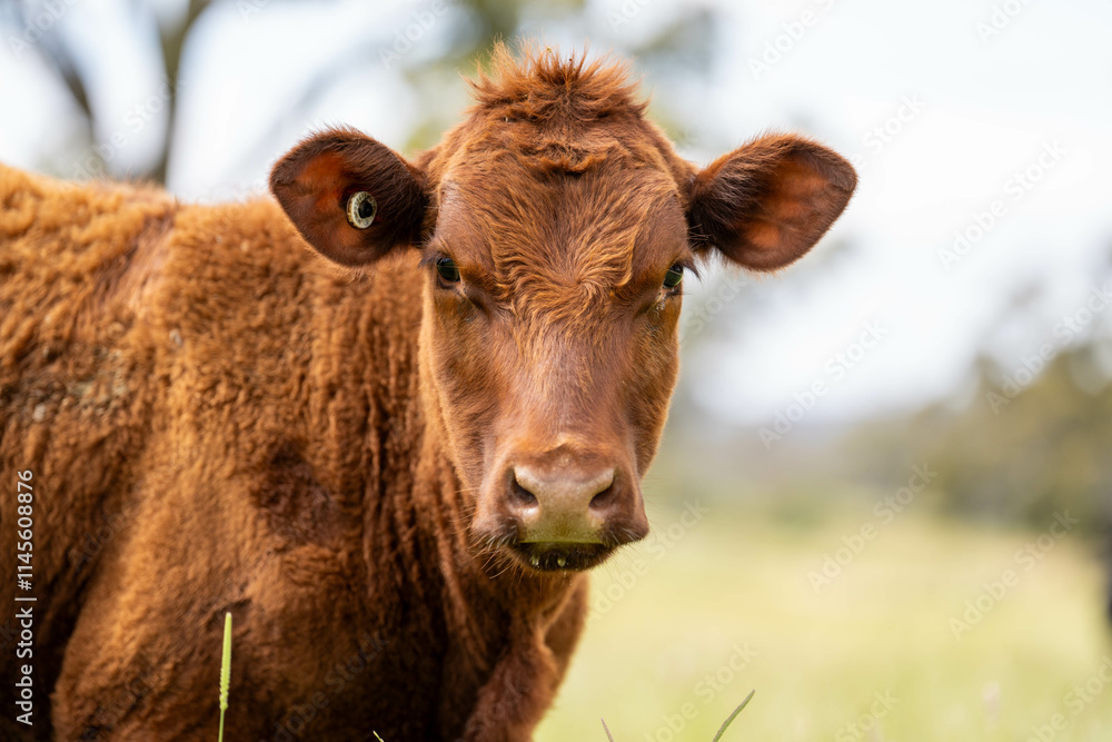 beautiful cattle in Australia eating grass, grazing on pasture. Herd of cows free range beef being regenerative raised on an agricultural farm. Sustainable farming beautiful cattle in Australia eating grass, grazing on pasture. Herd of cows free range beef being regenerative raised on an agricultural farm. Sustainable farming