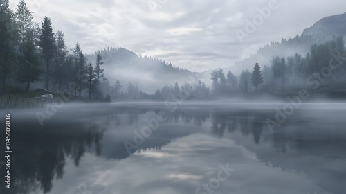 Serene misty lake reflection forested mountains landscape photography tranquil environment wide-angle view nature's beauty