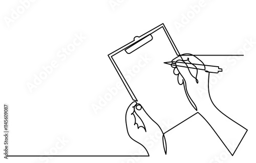 continuous line drawing of hands holding a clipboard with the checklist.To do a list with ticks and concepts for test expertise and exams in a simple linear style.line art Clipboard vector.