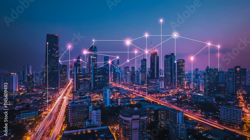 Wallpaper Mural Smart digital city with connection cyber security network reciprocity over the cityscape . future smart wireless digital city and social media networking systems that connects people within the city Torontodigital.ca