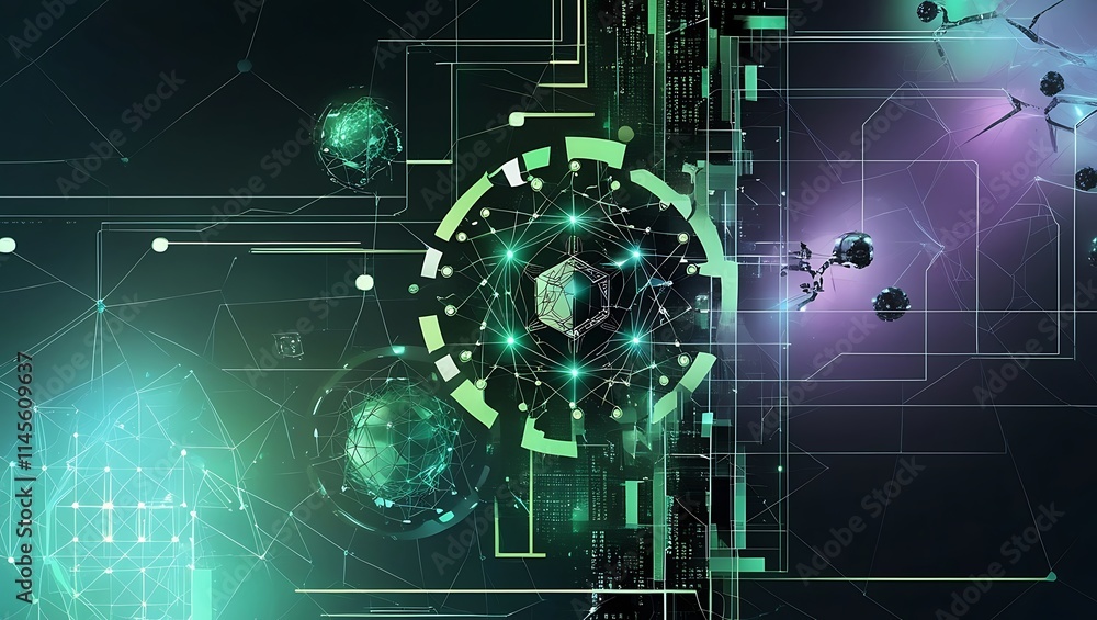 Obraz premium Futuristic Digital Network with Abstract Geometric Elements and Neural Connections