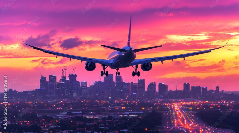 Airplane is flying in colorful sky over city at sunset. Landscape with passenger airplane, skyline, purple sky with red and pink clouds at dusk. Aircraft is landing at twilight. Aerial view of plane Airplane is flying in colorful sky over city at sunset. Landscape with passenger airplane, skyline, purple sky with red and pink clouds at dusk. Aircraft is landing at twilight. Aerial view of plane