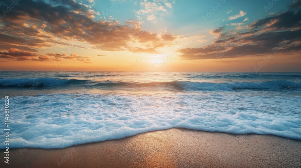 Fototapeta premium Serene sunset over the ocean, with waves gently crashing on the shore.