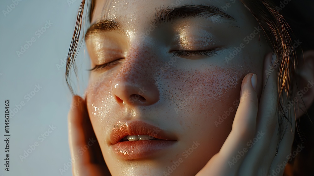 A Serene Young Woman Gently Touching Her Face as Part of Her Skincare Routine A Serene Young Woman Gently Touching Her Face as Part of Her Skincare Routine