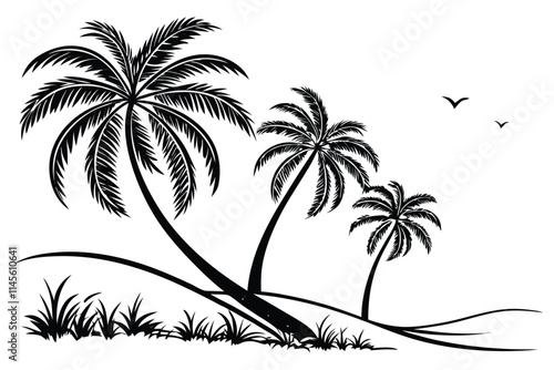 coconut tress silhouette on white background black color line art A.eps