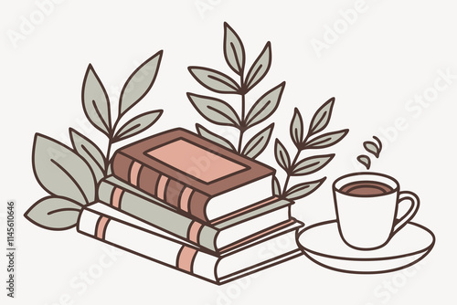 books, plants and coffee sticker white background H.eps