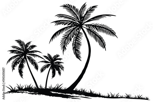 coconut tress silhouette on white background black color line art E.eps