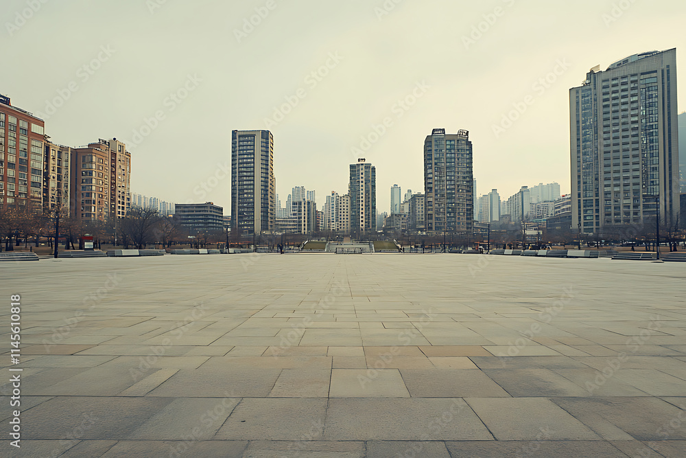 A deserted city square with clean sharp lines of modern architecture and a minimalist urban design A deserted city square with clean sharp lines of modern architecture and a minimalist urban design