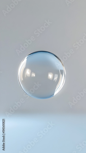 A clear sphere is floating in a white background. The sphere is the main focus of the image, and it is floating in mid-air. The white background creates a sense of depth and contrast