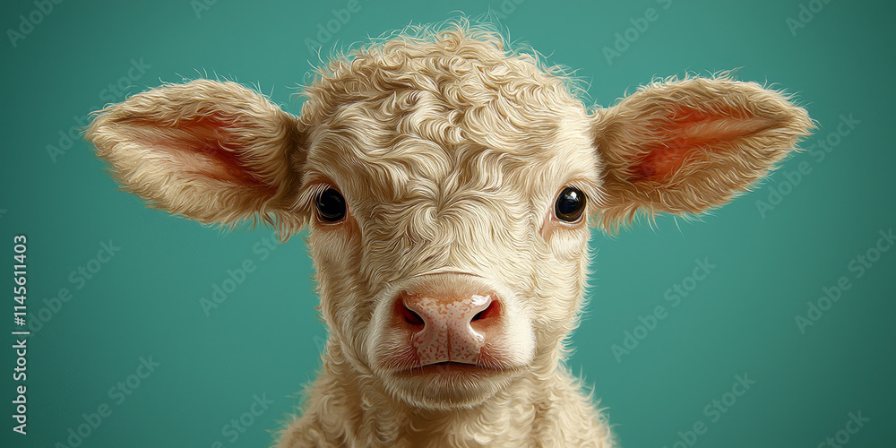 Obraz premium Cute Curly-Haired Calf Against Teal Background