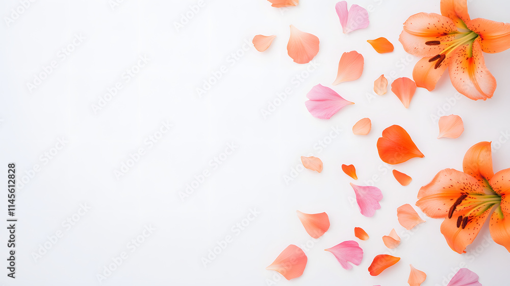 A photograph of vibrant flower petals falling on a white surface, creating a beautiful and serene scene. The petals in various colors—pink, red, yellow, and orange—contrast beautifully against the cle A photograph of vibrant flower petals falling on a white surface, creating a beautiful and serene scene. The petals in various colors—pink, red, yellow, and orange—contrast beautifully against the cle
