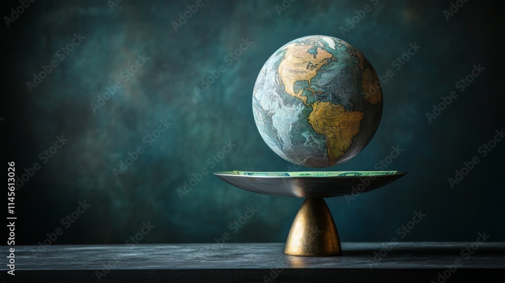 Scale with wealth and cash money on a plate and people, world, environment on the other; balancing business profits and human rights Scale with wealth and cash money on a plate and people, world, environment on the other; balancing business profits and human rights