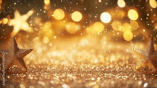 A warm, golden Christmas scene with glitter, stars, and cozy bokeh captures holiday magic.