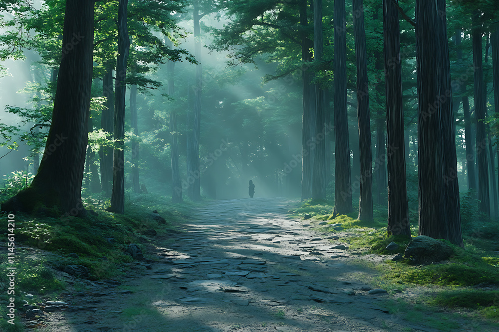 Fototapeta premium A misty forest path with tall trees and a shadowy figure walking