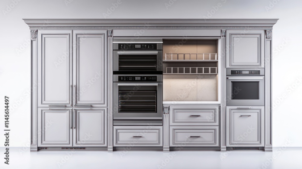 Fototapeta premium Elegant gray kitchen wall unit with integrated ovens, refrigerator, and storage.