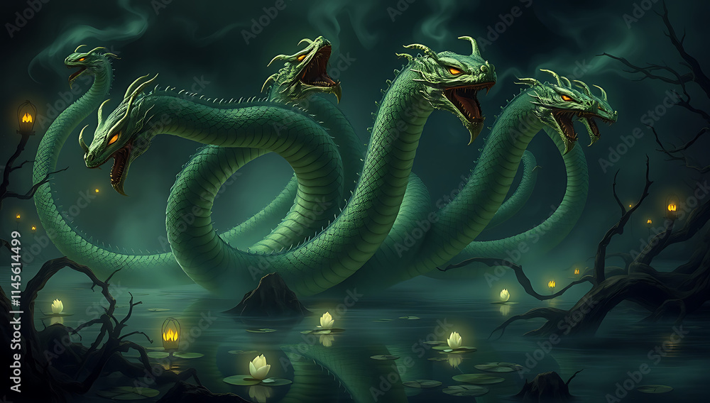 “Hydra Emerging from a Swamp” – A multi-headed hydra rising from a murky swamp surrounded by glowing mist, with reflections shimmering in the dark waters.
“Hydra Emerging from a Swamp” – A multi-headed hydra rising from a murky swamp surrounded by glowing mist, with reflections shimmering in the dark waters.