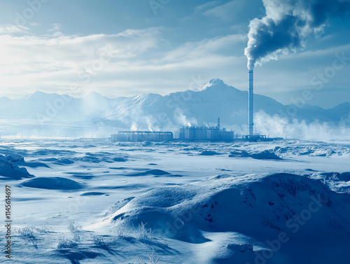 Industrial Factory Emitting Thick Smoke Creating a Gloomy Atmosphere Against a Cloudy Sky in an Urban Environment photo