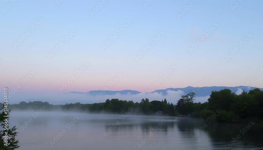 Fototapeta premium Serene Misty Lake Sunrise Mountain View