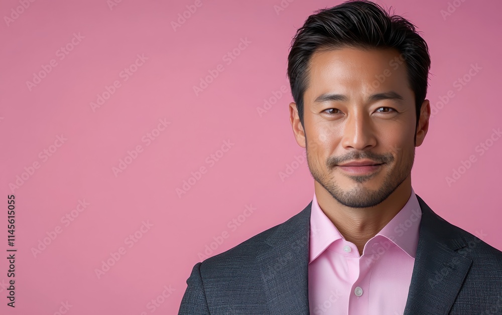 Asian man with a smile on his face is wearing a suit and a shirt in studio color background Asian man with a smile on his face is wearing a suit and a shirt in studio color background