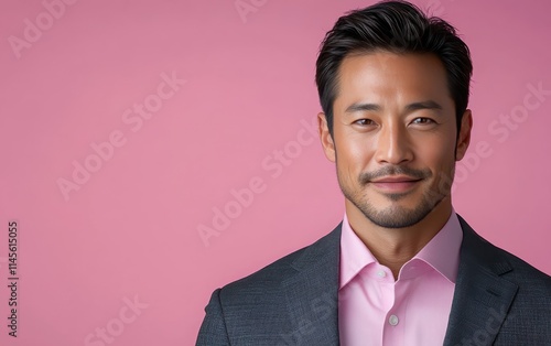 Asian man with a smile on his face is wearing a suit and a shirt in studio color background