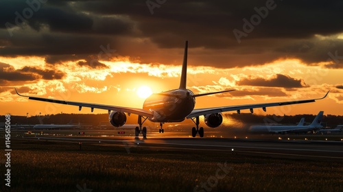 Jet plane landing at an airport at dusk
 photo