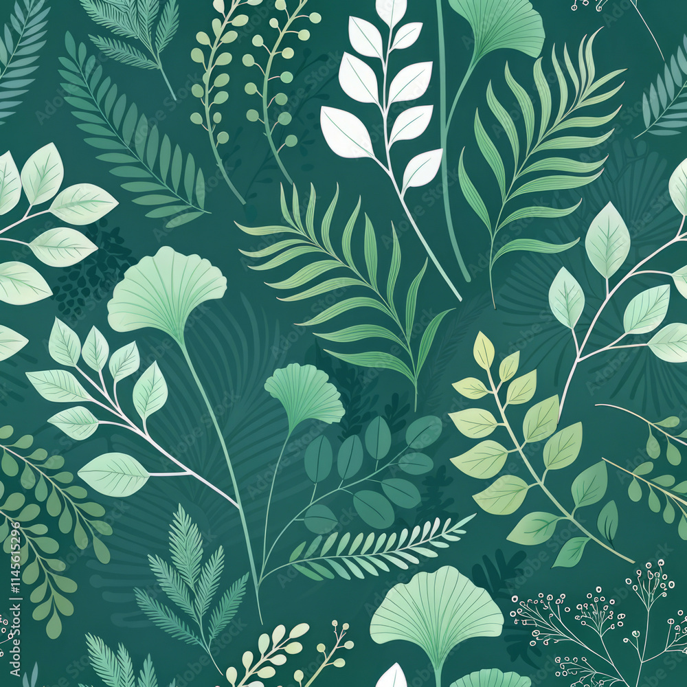 Seamless Canopy-Style Green Botanical Print with Leaves and Flowers Seamless Canopy-Style Green Botanical Print with Leaves and Flowers