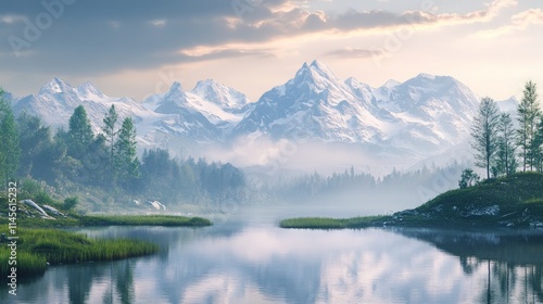 Serene Alpine Landscape with Calm Waters and Snow-Capped Peaks