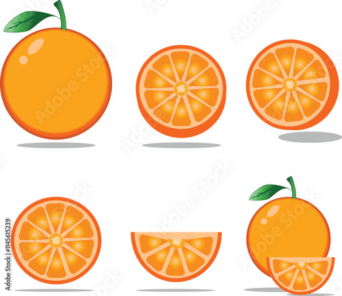 Fresh orange fruit set. Whole orange with leaves, oranges slices and cut orange fruit. Organic fruits for juice or vitamin C healthy food .orange  Vector illustration isolated on white background.