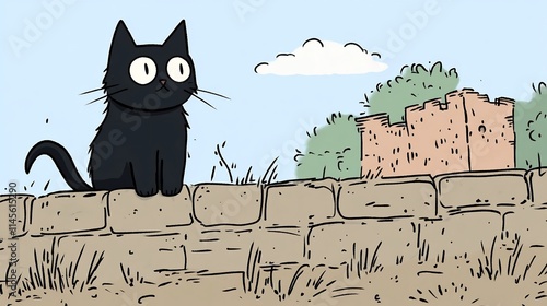 Outline Black Cat Prowling Ancient Ruined Castle Flat photo