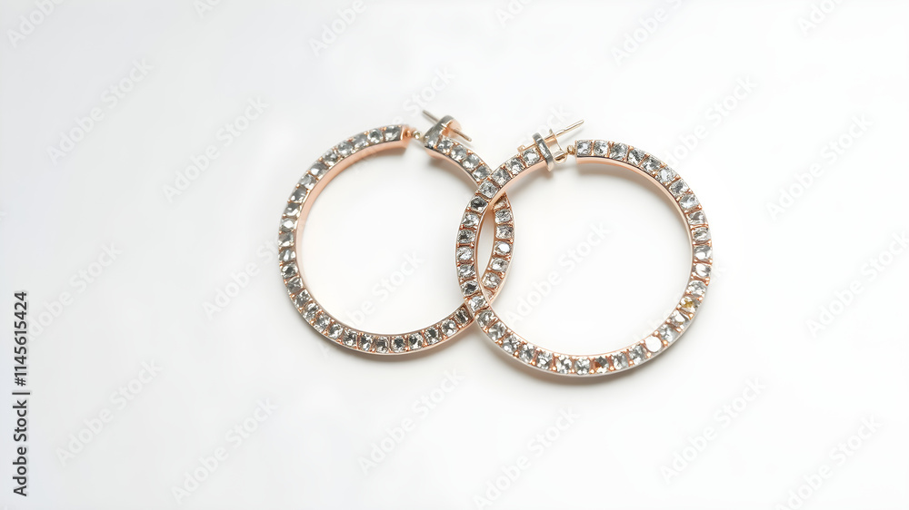 A pair of hoop earrings encrusted with tiny crystals, isolated on white A pair of hoop earrings encrusted with tiny crystals, isolated on white