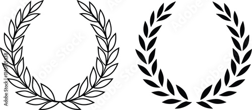Two simple laurel wreaths are displayed. One is an outline, the other is filled black. Both are circular and formed of stylized leaves.