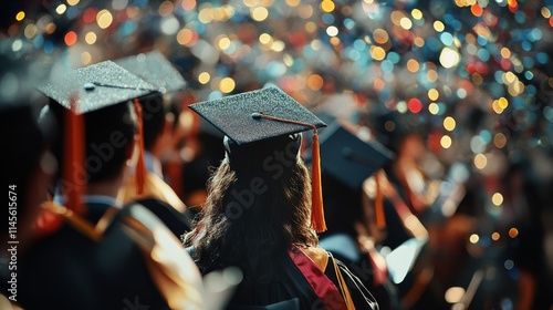 A lively graduation ceremony with students in caps and gowns celebrating amidst colorful confetti and lights. photo