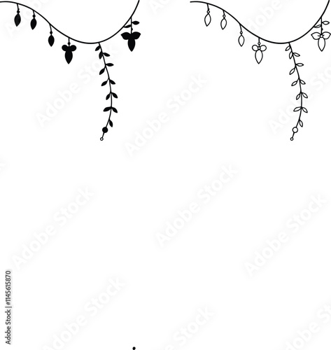 Elegant Floral Vines, Hanging Decorations, Outline, Black, White, Design Elements, Botanical, Illust
