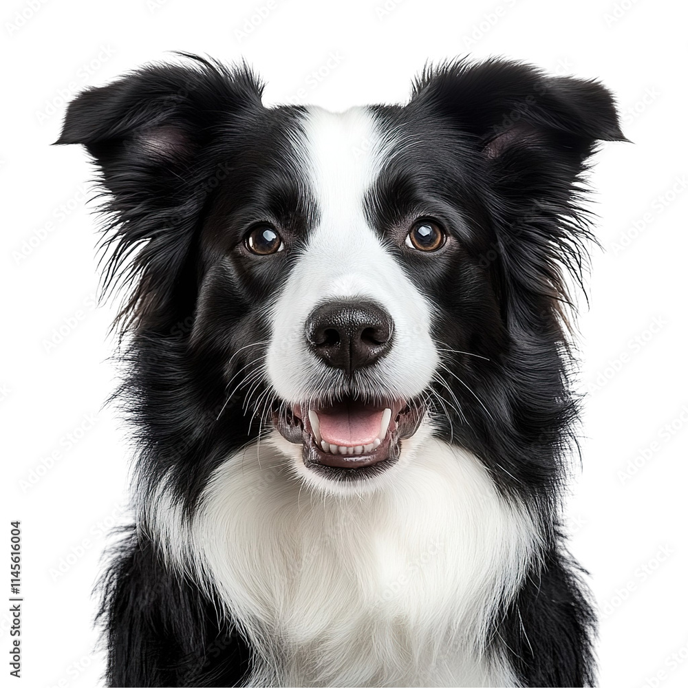 Fototapeta premium Front view close up of an extremely perfect looking single border collie isolated on a white transparent background