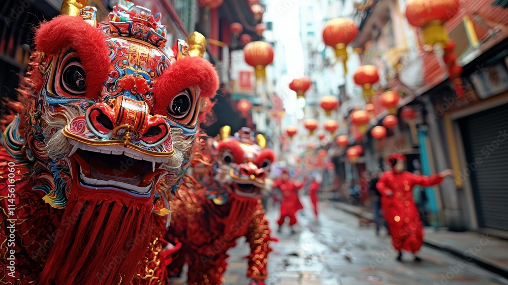 Fototapeta premium Dragon dance and celebrating chinese new year heritage concept. Vibrant lion dance performers in a festive street adorned with red lanterns.