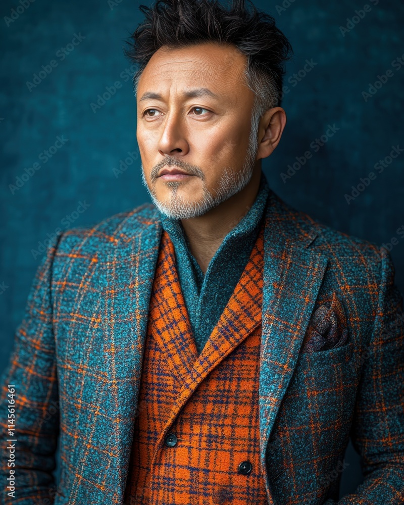 Asian man with a smile on his face is wearing a suit and a shirt in studio color background Asian man with a smile on his face is wearing a suit and a shirt in studio color background