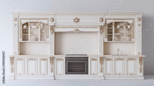 Elegant cream and gold kitchen cabinetry with ornate details, oven, sink, and shelving. photo