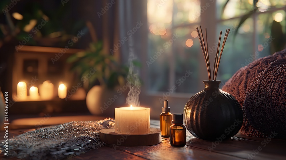 Aromatherapy Diffuser with Essential Oils in a Peaceful Setting Aromatherapy Diffuser with Essential Oils in a Peaceful Setting