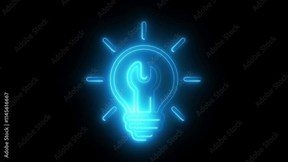 Bulb hardware icon animation by cyan color neon on black background. Bulb hardware icon animation by cyan color neon on black background.