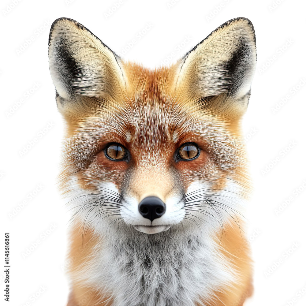 Front view close up of an extremely perfect looking single fox isolated on a white transparent background Front view close up of an extremely perfect looking single fox isolated on a white transparent background