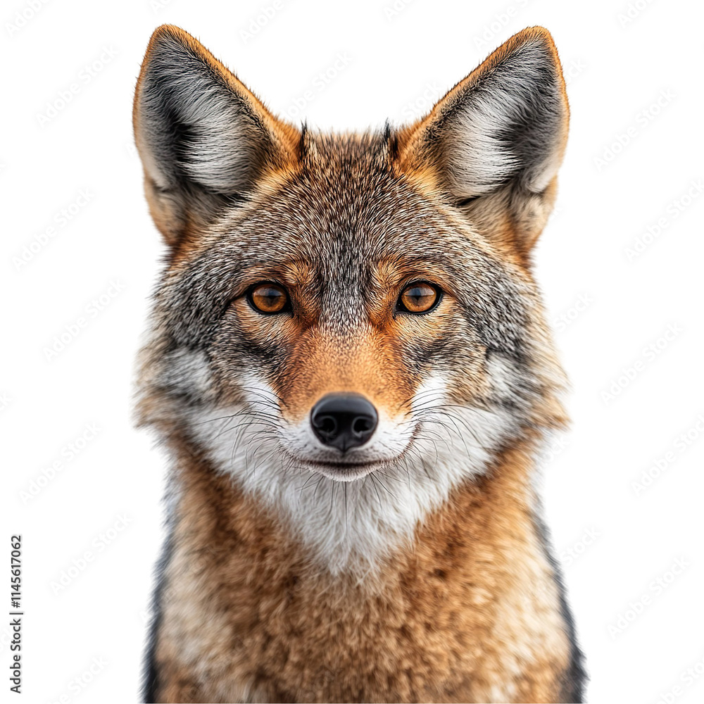 Front view close up of an extremely perfect looking single jackal isolated on a white transparent background Front view close up of an extremely perfect looking single jackal isolated on a white transparent background