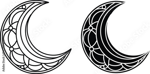 Two crescent moon illustrations, one outlined, one filled, both adorned with intricate mandalalike patterns. Suitable for tattoo designs or art. photo