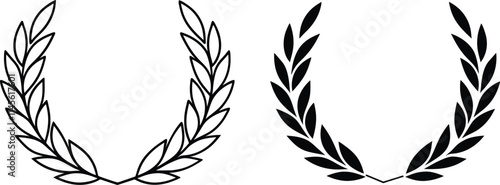 Two simple laurel wreaths one in black, one in white outline. Circular design, symbolic of victory, achievement, or honor.
