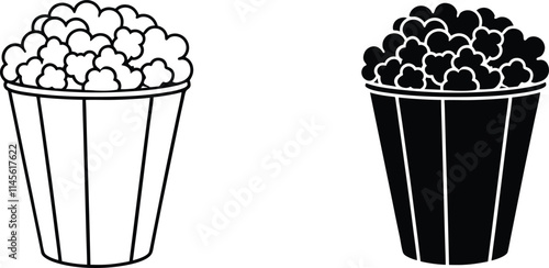 Popcorn Buckets Cinema Snack, Movie Treat, Black White Icons