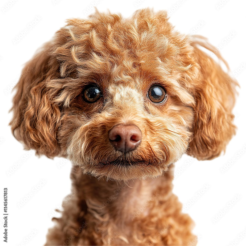 Front view close up of an extremely perfect looking single poodle isolated on a white transparent background Front view close up of an extremely perfect looking single poodle isolated on a white transparent background