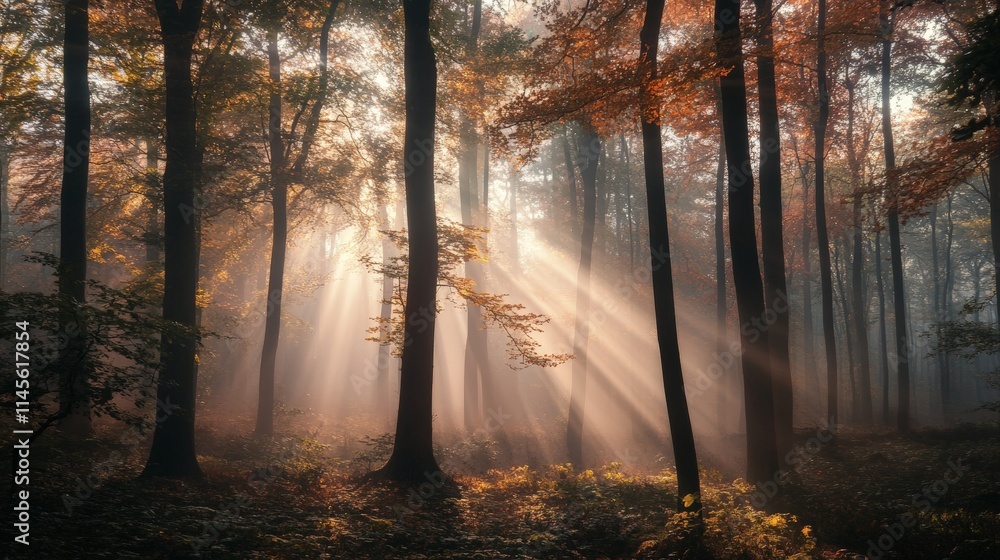 Naklejka premium Golden light beams through the trees in a misty forest.