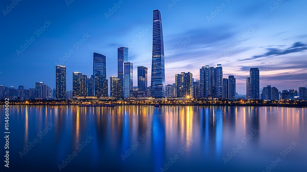 Fototapeta premium City Skyline Reflecting in Calm Water at Dusk
