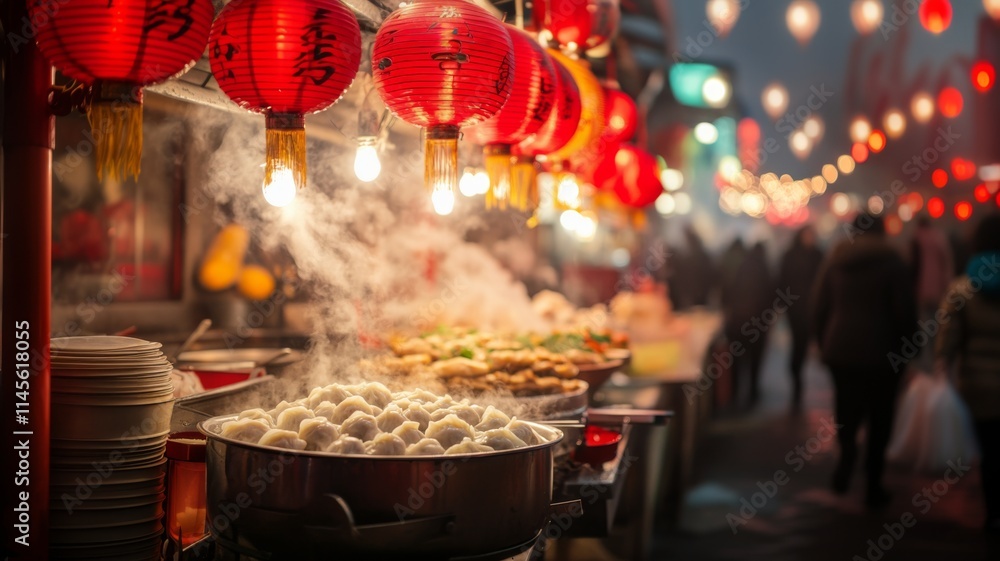 Vibrant Night Market with Steaming Dumplings and Red Lanterns Illuminating a Bustling Street Scene Vibrant Night Market with Steaming Dumplings and Red Lanterns Illuminating a Bustling Street Scene